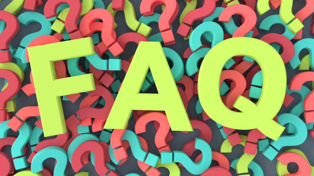 The letters FAQ on a colourful background